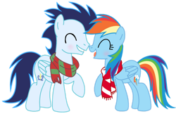 Size: 1280x827 | Tagged: safe, artist:soarindasher10, rainbow dash, soarin', pegasus, pony, g4, blushing, clothes, eyes closed, female, male, mare, scarf, ship:soarindash, shipping, simple background, smiling, stallion, straight, striped scarf, transparent background