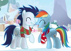 Size: 1280x923 | Tagged: safe, artist:soarindasher10, rainbow dash, soarin', pegasus, pony, g4, blushing, clothes, eyes closed, female, male, mare, outdoors, ponyville, scarf, screencap background, ship:soarindash, shipping, smiling, stallion, straight, striped scarf