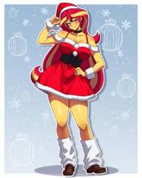 Size: 1280x1600 | Tagged: safe, artist:masterdestroyzj, sunset shimmer, human, equestria girls, g4, blue eyes, blushing, breasts, busty sunset shimmer, choker, christmas, clothes, costume, female, gradient background, hand on hip, hat, holiday, leg warmers, looking at you, passepartout, santa costume, santa hat, smiling, smiling at you, teal eyes, thighs, thunder thighs, two toned hair, wide hips