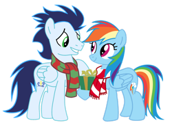 Size: 1280x923 | Tagged: safe, artist:soarindasher10, rainbow dash, soarin', pegasus, pony, g4, clothes, female, male, mare, present, scarf, ship:soarindash, shipping, simple background, stallion, straight, striped scarf, transparent background