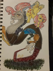 Size: 2121x2828 | Tagged: safe, artist:ashley-the-muffin, discord, fluttershy, draconequus, pegasus, pony, g4, female, flying, male, mare, ship:discoshy, shipping, straight, traditional art