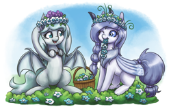 Size: 2500x1600 | Tagged: safe, artist:king-kakapo, oc, oc only, bat pony, moth, mothpony, original species, pony, g4, basket, belly, duo, duo female, female, flower, flower in hair, goggles, mouth hold, outdoors, secret santa