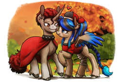 Size: 1845x1280 | Tagged: safe, artist:king-kakapo, oc, oc only, pegasus, pony, unicorn, autumn, band-aid, bandage, baseball cap, braid, braided tail, cap, cape, clothes, collar, duo, duo male and female, ear piercing, earring, emanata, female, hat, horn, jewelry, male, outdoors, piercing, secret santa, shirt, tail, unshorn fetlocks