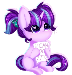 Size: 2393x2506 | Tagged: safe, artist:fleetyarrowdraw, starlight glimmer, pony, unicorn, g4, cute, female, filly, filly starlight glimmer, foal, glimmerbetes, heart, heart eyes, horn, message, pigtails, positive ponies, sitting, solo, wingding eyes, younger