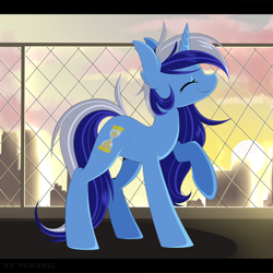 Size: 1880x1880 | Tagged: safe, artist:ten-dril, minuette, pony, unicorn, g4, :t, cute, eyes closed, female, fence, horn, mare, minubetes, nose wrinkle, raised hoof, smiling, solo, sunrise