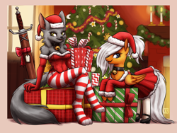 Size: 2200x1650 | Tagged: safe, artist:king-kakapo, oc, oc:orange cream, pegasus, pony, anthro, digitigrade anthro, g4, anthro oc, anthro with ponies, bell, bell collar, belt, breasts, candle, christmas, christmas tree, cleavage, clothes, collar, costume, duo, duo female, eye clipping through hair, feet, female, fireplace, gloves, hat, holiday, indoors, long gloves, non-mlp oc, pantyhose, passepartout, present, santa costume, santa dress, santa hat, secret santa, socks, stocking feet, striped socks, sword, thigh highs, tights, tree, weapon