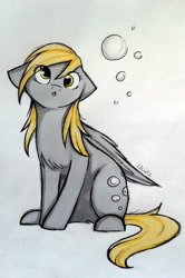 Size: 1521x2295 | Tagged: safe, artist:chimeeri, derpy hooves, pegasus, pony, g4, bubble, cute, derpabetes, female, floppy ears, mare, sitting, solo, traditional art