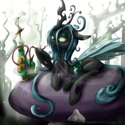 Size: 1466x1464 | Tagged: safe, artist:rule1of1coldfire, queen chrysalis, changeling, changeling queen, g4, alice in wonderland, female, high, hookah, lying down, prone, smoking, solo