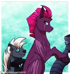 Size: 1298x1362 | Tagged: safe, artist:inuhoshi-to-darkpen, grubber, tempest shadow, pony, unicorn, g4, my little pony: the movie, adult blank flank, armor, blank flank, blank flank tempest, blue background, broken horn, duo, eye scar, facial scar, female, horn, mare, realistic horse legs, scar, simple background, sitting, torn ear