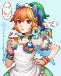 Size: 2185x2745 | Tagged: safe, artist:kongyi, rainbow dash, human, pony, g4, clothes, crossover, eared humanization, female, human ponidox, humanized, micro, robin douglas, self paradox, self ponidox, starswirl academy, tiny, tiny ponies, winged humanization, wings