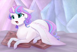 Size: 2952x2000 | Tagged: safe, artist:chiweee, princess flurry heart, alicorn, pony, g4, my little pony: friendship is magic, season 6, blushing, chest fluff, colored wings, cute, cute little fangs, fangs, female, filly, flurrybetes, foal, lying down, multicolored hair, multicolored wings, pillow, solo, wings, yawn