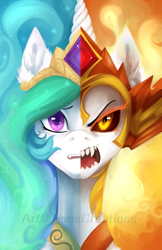 Size: 1358x2100 | Tagged: safe, artist:tomocreations, daybreaker, princess celestia, alicorn, pony, g4, duality, female, mare, watermark