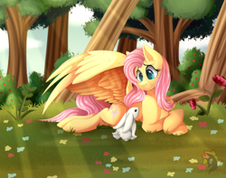 Size: 1024x805 | Tagged: safe, artist:calamity-studios, angel bunny, fluttershy, pegasus, pony, rabbit, g4, animal, crepuscular rays, cute, duo, female, flower, forest, grass, mare, nature, shyabetes, smiling, spread wings, tree, wings