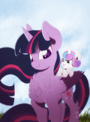 Size: 1475x2000 | Tagged: safe, artist:hagalazka, princess flurry heart, twilight sparkle, alicorn, pony, g4, :3, :p, aunt and niece, auntie twilight, baby, baby pony, chest fluff, colored pupils, colored wings, colored wingtips, cute, duo, female, filly, fluffy, flurry heart riding twilight, flurrybetes, foal, leaning, leg fluff, mare, multicolored wings, neck fluff, ponies riding ponies, riding, riding a pony, silly, smiling, tongue out, twilight sparkle (alicorn), wing fluff, wings