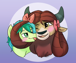 Size: 1024x851 | Tagged: safe, artist:paisleyperson, sandbar, yona, earth pony, pony, yak, g4, :p, blushing, bust, cheek squish, cute, female, interspecies, male, monkey swings, portrait, sandabetes, ship:yonabar, shipping, signature, simple background, squishy cheeks, stallion, straight, tongue out, yonadorable