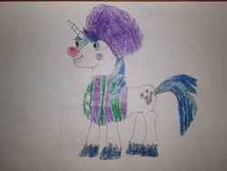 Size: 4000x3000 | Tagged: safe, artist:heydude5321, shining armor, unicorn, g4, afro, clown, clown nose, horn, male, red nose, solo, stallion, traditional art, wig