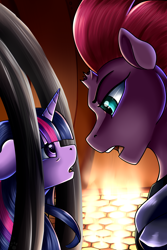 Size: 2000x3000 | Tagged: safe, artist:crecious, tempest shadow, twilight sparkle, alicorn, pony, unicorn, g4, my little pony: the movie, broken horn, cage, duo, female, horn, looking at each other, looking at someone, mare, open mouth, open up your eyes, scene interpretation, twilight sparkle (alicorn)