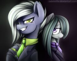 Size: 1300x1024 | Tagged: safe, artist:jadekettu, limestone pie, marble pie, earth pony, pony, g4, bracelet, clothes, duo, female, gangster, grin, jewelry, mafia, mare, necktie, scar, smiling, suit