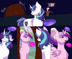 Size: 3150x2607 | Tagged: safe, artist:earth.loser, princess cadance, shining armor, comic:friendship is pointless, g4, bust, canterlot, door, flower vase, portrait, speech bubble, young cadance