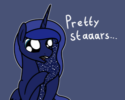 Size: 2047x1642 | Tagged: safe, artist:ewoudcponies, princess luna, alicorn, earth pony, g4, big eyes, blue background, bust, dialogue, ethereal mane, female, mare, open mouth, simple background, solo, starry mane