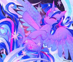 Size: 2048x1726 | Tagged: safe, alternate version, artist:petaltwinkle, twilight sparkle, alicorn, pony, g4, abstract background, adversarial noise, bangs, blushing, colored, colored wings, colored wingtips, detailed, ear blush, eye clipping through hair, eyelashes, female, flying, glazed, horn, horn blush, long mane, long tail, looking at you, mare, multicolored mane, multicolored tail, multicolored wings, nose blush, one eye closed, purple coat, purple eyes, raised hoof, shiny coat, shiny eyes, shiny mane, shiny tail, signature, smiling, smiling at you, solo, sparkles, spread wings, stars, tail, twilight sparkle (alicorn), unicorn horn, wingding eyes, wings