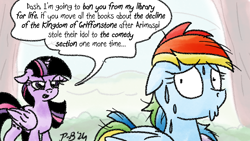 Size: 1200x675 | Tagged: safe, artist:pony-berserker, rainbow dash, twilight sparkle, alicorn, pony-berserker's twitter sketches, g4, history of griffonstone, implied arimaspi, implied books, implied griffons, implied griffonstone, implied library, pony-berserker's twitter sketches (2024), twilight sparkle (alicorn)