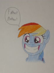 Size: 2880x3900 | Tagged: safe, anonymous artist, derpibooru exclusive, rainbow dash, pegasus, pony, g4, 2024, big grin, big smile, bust, excited, excitement, female, grin, happy, mare, portrait, smiling, solo, solo female, speech bubble, traditional art, wide eyes