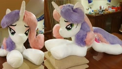 Size: 4032x2268 | Tagged: safe, artist:ponimalion, sweetie belle, pony, unicorn, g4, bedroom eyes, eyeshadow, female, horn, irl, lidded eyes, life size, makeup, mare, photo, pillow, plushie, smiling, tail