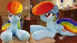 Size: 4032x2268 | Tagged: safe, artist:ponimalion, rainbow dash, pegasus, pony, g4, bedroom eyes, female, irl, lidded eyes, life size, mare, photo, pillow, plushie, smiling, tail, wings