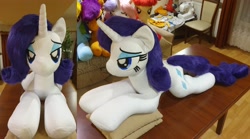 Size: 4032x2236 | Tagged: safe, artist:ponimalion, rarity, pony, unicorn, g4, bedroom eyes, eyeshadow, female, horn, irl, lidded eyes, life size, makeup, mare, photo, pillow, plushie, smiling, tail