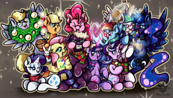 Size: 3500x2000 | Tagged: safe, artist:valemjj, angel bunny, applejack, derpy hooves, fizzlepop berrytwist, fluttershy, pinkie pie, princess celestia, princess luna, rainbow dash, rarity, tempest shadow, twilight sparkle, alicorn, earth pony, pegasus, pony, unicorn, g4, angel bunny is not amused, antlers, bell, bell collar, blushing, bottle, christmas, christmas lights, christmas wreath, clothes, collar, drunk, drunk bubbles, eggnog, emanata, forced smile, fruit cake, glass, holiday, holly, horn, mane six, narrowed eyes, red nose, redraw, reindeer antlers, scarf, smiling, tongue out, twilight sparkle (alicorn), unamused, wine glass, wreath