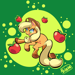 Size: 2748x2736 | Tagged: safe, artist:pumpkinraventrick, applejack, earth pony, pony, g4, apple, colored hooves, female, food, frog (hoof), heart, heart eyes, high res, hooves, mare, open mouth, open smile, smiling, solo, underhoof, wingding eyes