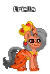 Size: 224x336 | Tagged: safe, artist:princess ice color twinkle, oc, oc only, oc:ariella, alicorn, hybrid, kirin, pony, winged kirin, pony town, alicorn oc, bat wings, brown eyes, clothes, crown, ear piercing, earring, eyelashes, freckles, gray mane, gray tail, hoof shoes, horn, hybrid oc, jewelry, kirin horn, leonine tail, necklace, orange body, piercing, pony town oc, regalia, shoes, simple background, smiling, solo, star earring, striped horn, tail, text, transparent background, waistband, wings