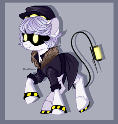 Size: 2816x2964 | Tagged: safe, artist:alexgreen, artist:лёша рыбаков, earth pony, pony, robot, robot pony, black and yellow, cap, clothes, coat, commission, disassembly drone, hat, high res, male, murder drones, passepartout, ponified, raised hoof, serial designation n, smiling, solo, stallion, syringe, tail