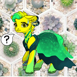 Size: 1024x1024 | Tagged: oc name needed, safe, artist:princess ice color twinkle, oc, oc only, earth pony, pony, avatar maker fantasy pony, bracelet, clothes, earth pony oc, eyelashes, feather, floppy ears, flower background, green hooves, jewelry, looking at you, mare oc, neck markings, question mark, solo, sparkles, sweat, sweatdrop, two toned mane, unshorn fetlocks, worried, yellow body, yellow eyes