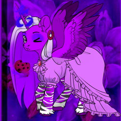 Size: 1024x1024 | Tagged: oc name needed, safe, artist:princess ice color twinkle, oc, oc only, alicorn, pony, alicorn oc, avatar maker fantasy pony, blue eyeshadow, blue magic, brooch, clothes, cookie, dress, ear piercing, earring, eating, eyeshadow, food, glowing, glowing horn, horn, jewelry, long mane, magic, makeup, mare oc, one eye closed, piercing, purple mane, purple skin, purple tail, solo, spread wings, stripes, tail, telekinesis, wings