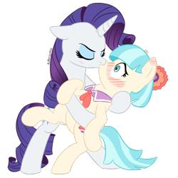 Size: 1920x1920 | Tagged: safe, artist:_butterscotch, coco pommel, rarity, earth pony, pony, unicorn, g4, bipedal, bipedal leaning, blush lines, blushing, clothes, cute, duo, duo female, ear blush, eyes closed, female, flower, flower in hair, horn, kiss on the lips, kissing, leaning, lesbian, mare, necktie, pose, romantic, ship:marshmallow coco, shipping, simple background, transparent background