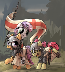 Size: 1520x1692 | Tagged: safe, artist:uteuk, apple bloom, scootaloo, sweetie belle, earth pony, pegasus, pony, unicorn, g4, armor, crusader, cutie mark crusaders, fantasy class, female, flag, helmet, horn, knight, mare, outdoors, paladin, ponies riding ponies, riding, riding a pony, spear, sword, warrior, weapon