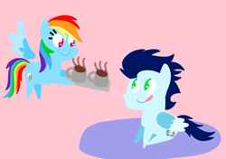 Size: 3553x2499 | Tagged: safe, anonymous artist, derpibooru exclusive, rainbow dash, soarin', pegasus, pony, series:soarindash hearth's warming, series:soarindash romantic tales, g4, chocolate, christmas, female, flying, food, hearth's warming, holiday, hot chocolate, male, mare, pointy ponies, ship:soarindash, shipping, smiling, stallion, straight