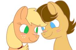 Size: 1415x936 | Tagged: safe, artist:drawponiesblog, applejack, caramel, earth pony, pony, female, male, mare, ship:carajack, shipping, stallion, straight