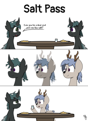 Size: 3840x5310 | Tagged: safe, artist:japkozjad, oc, unnamed oc, changeling, deer, 3 panel comic, changeling oc, comic, deer oc, food, non-pony oc, pun, salt shaker, simple background, table, visual pun