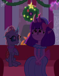 Size: 1550x2000 | Tagged: safe, artist:lnx1ynight16, ocellus, oc, oc:lnx1y, changedling, changeling, original species, g4, bow, choker, christmas, christmas lights, clothes, distracted, dress, fire, fireplace, headband, hearth's warming, holiday, land overlander, lights, looking at someone, looking up, lounge, overlander, party, school of friendship, smiling