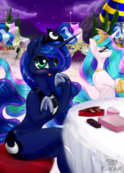 Size: 2075x2890 | Tagged: safe, artist:f-nar, princess celestia, princess luna, alicorn, pony, semi-anthro, g4, anatomically incorrect, banner, bipedal, blue mane, blue tail, blushing, canterlot, chocolate, chocoluna, concave belly, crown, cute, duo, ethereal mane, ethereal tail, female, flowing mane, flowing tail, folded wings, food, hearts and hooves day, holiday, hoof shoes, incorrect leg anatomy, jealous, jewelry, luna loves chocolate, lunabetes, mare, night, open mouth, open smile, peytral, princess shoes, regalia, sitting, slender, smiling, tail, that pony sure does love chocolate, thin, valentine, valentine's day, wings