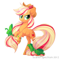 Size: 1050x1050 | Tagged: safe, artist:scarlet-spectrum, applejack, earth pony, pony, g4, apple, applejack's hat, cowboy hat, female, food, freckles, hat, looking at you, mare, rainbow power, rearing, simple background, smiling, smiling at you, solo, stetson, transparent background