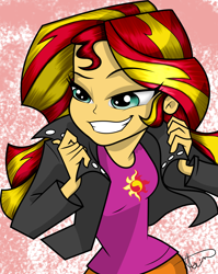 Size: 2188x2742 | Tagged: safe, artist:alligatorgummy, artist:lunchie, sunset shimmer, human, equestria girls, g4, my little pony equestria girls: rainbow rocks, abstract background, clothes, credits, eyebrows, eyebrows visible through hair, female, grin, jacket, leather, leather jacket, shine like rainbows, skirt, smiling, smirk, solo, teeth