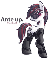 Size: 1645x2000 | Tagged: safe, artist:inlucidreverie, oc, oc only, oc:blackjack, cyborg, pony, unicorn, fallout equestria, fallout equestria: project horizons, amputee, deal with it, fanfic art, female, horn, level 2 (project horizons), mare, prosthetic limb, prosthetics, simple background, small horn, solo, sunglasses, transparent background