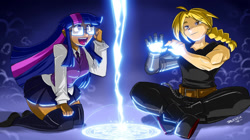 Size: 1850x1039 | Tagged: safe, artist:shonuff44, twilight sparkle, human, g4, alchemy, clothes, crossover, duo, edward elric, female, fullmetal alchemist, glasses, humanized, lightning, magic, magic circle, male, microskirt, miniskirt, open mouth, skirt, socks, thigh highs, thigh socks, thighlight sparkle, thighs, thunder thighs, transmutation circle