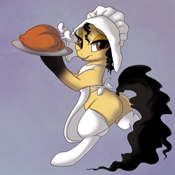 Size: 1200x1200 | Tagged: safe, artist:prettypinkpony, oc, oc only, oc:terra, bird, earth pony, pony, turkey, apron, bipedal, butt, clothes, commission, female, food, holiday, long eyelashes, mare, meat, plot, ponies eating meat, solo, thanksgiving, ych result