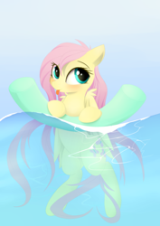 Size: 2060x2911 | Tagged: safe, artist:posionjoke, fluttershy, pegasus, pony, g4, cute, female, mare, pool noodle, shyabetes, smiling, solo, swimming, tongue out, water, wet, wet mane