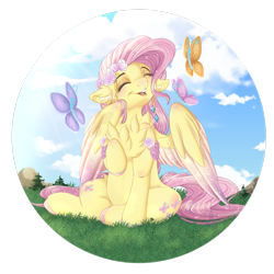 Size: 2447x2451 | Tagged: safe, artist:pvrii, fluttershy, butterfly, pegasus, pony, g4, both cutie marks, chest fluff, cloud, colored hooves, colored wings, colored wingtips, crepuscular rays, cute, ear fluff, eyes closed, female, floppy ears, grass, happy, hooves, mare, open mouth, outdoors, raised hoof, shyabetes, simple background, sitting, sky, smiling, solo, spread wings, transparent background, wings